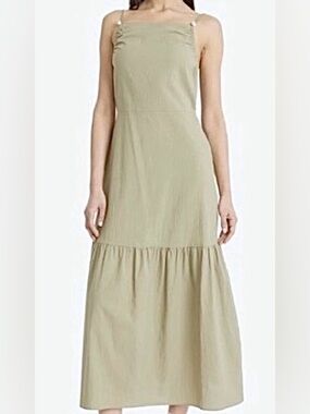 The Good Journey Aloe Green 100% Cotton Tier Bottom -Open Back Maxi Dress: M